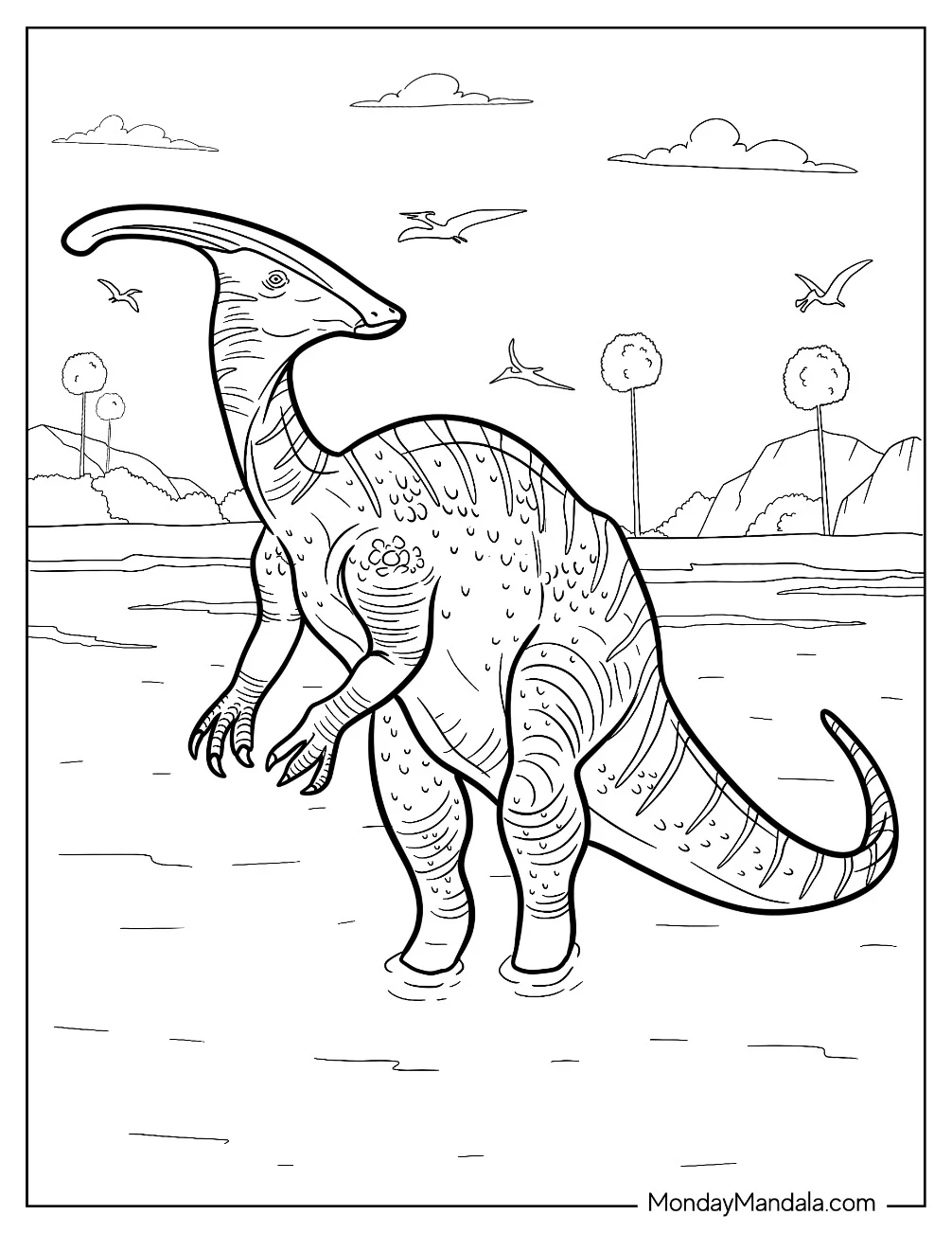 Parasaurolophus Coloring Page With Pterodactyl In The Background coloring page