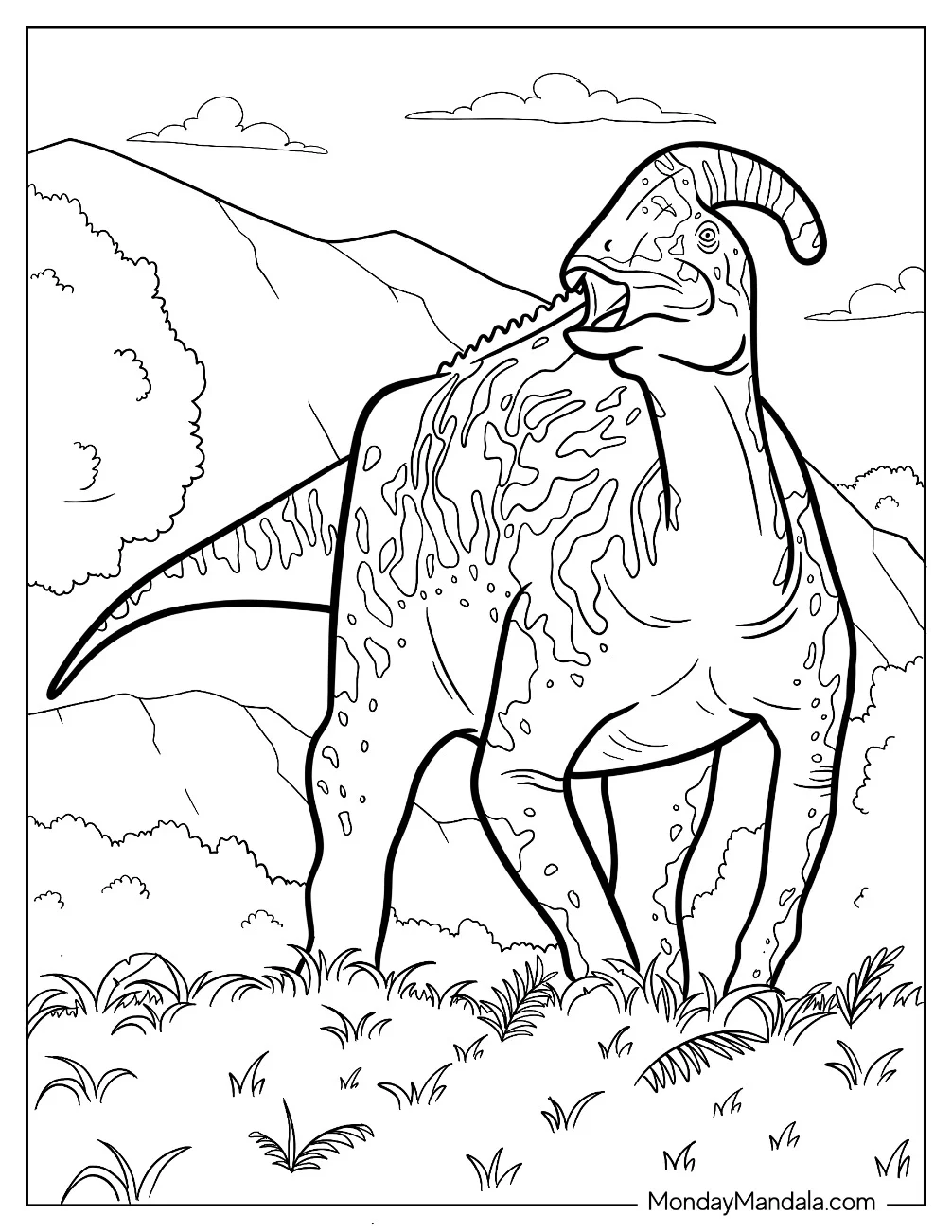 Roaring Parasaurolophus Coloring Page In The Forest coloring page