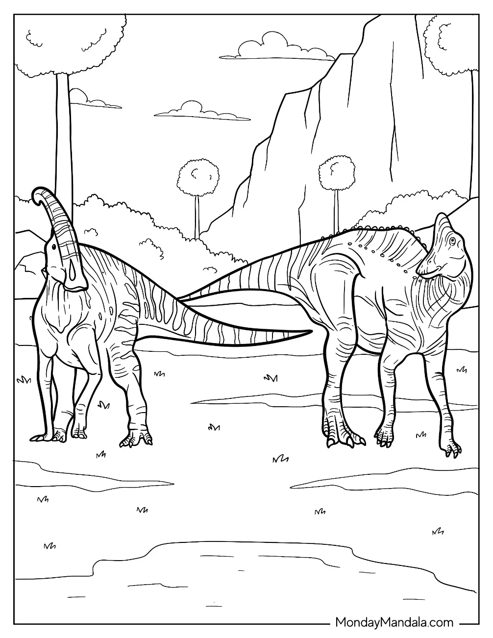 Two Young Parasaurolophus Coloring Page On A Field coloring page