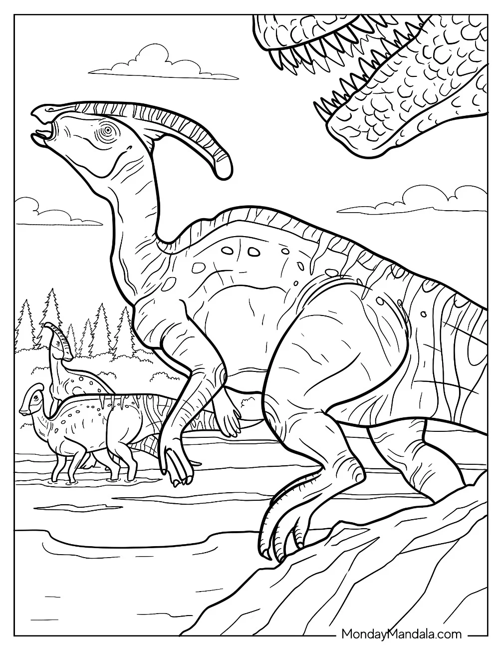 Young Parasaurolophus Coloring Page Running With Other Dinosaurs coloring page