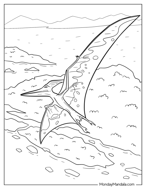 Detailed Pterodactyl Coloring Page Flying Over Island coloring page