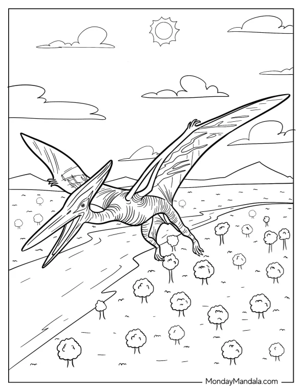 Detailed Pterodactyl Coloring Page In The Air coloring page — printable line art