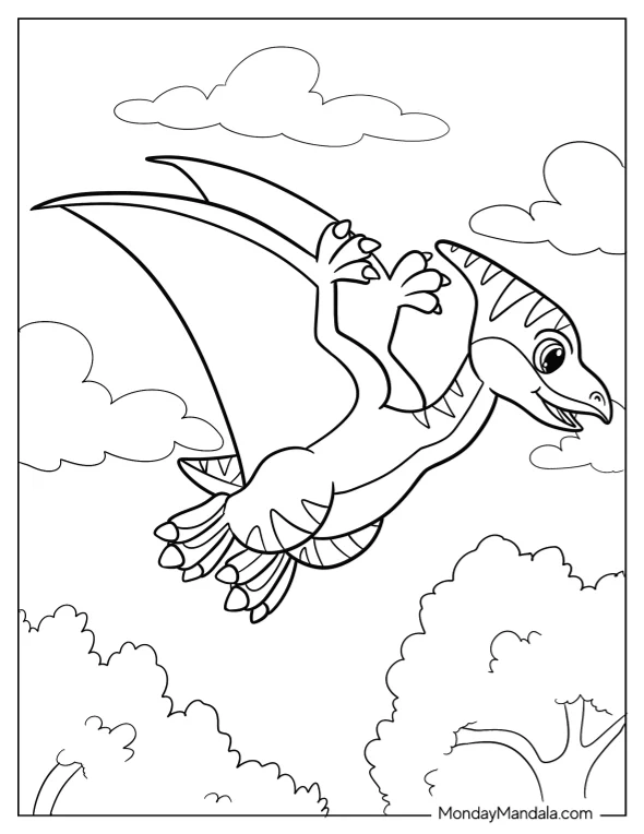 Kawaii Pterodactyl Coloring Page For Kids coloring page — printable line art