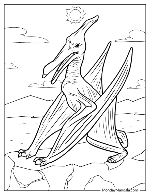 Pterodactyl Coloring Page Standing On Cliff coloring page