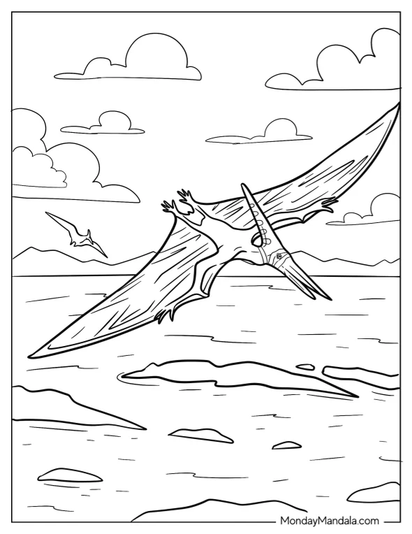 Realistic Pterodactyl Coloring Page Flying Over The Sea coloring page