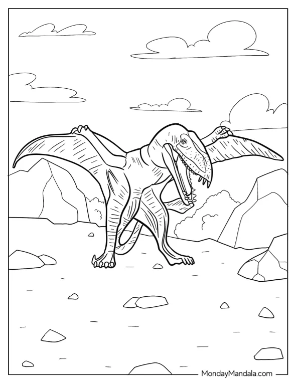 Scary Pterodactyl Coloring Page Standing On The Ground And Spreading Wings coloring page
