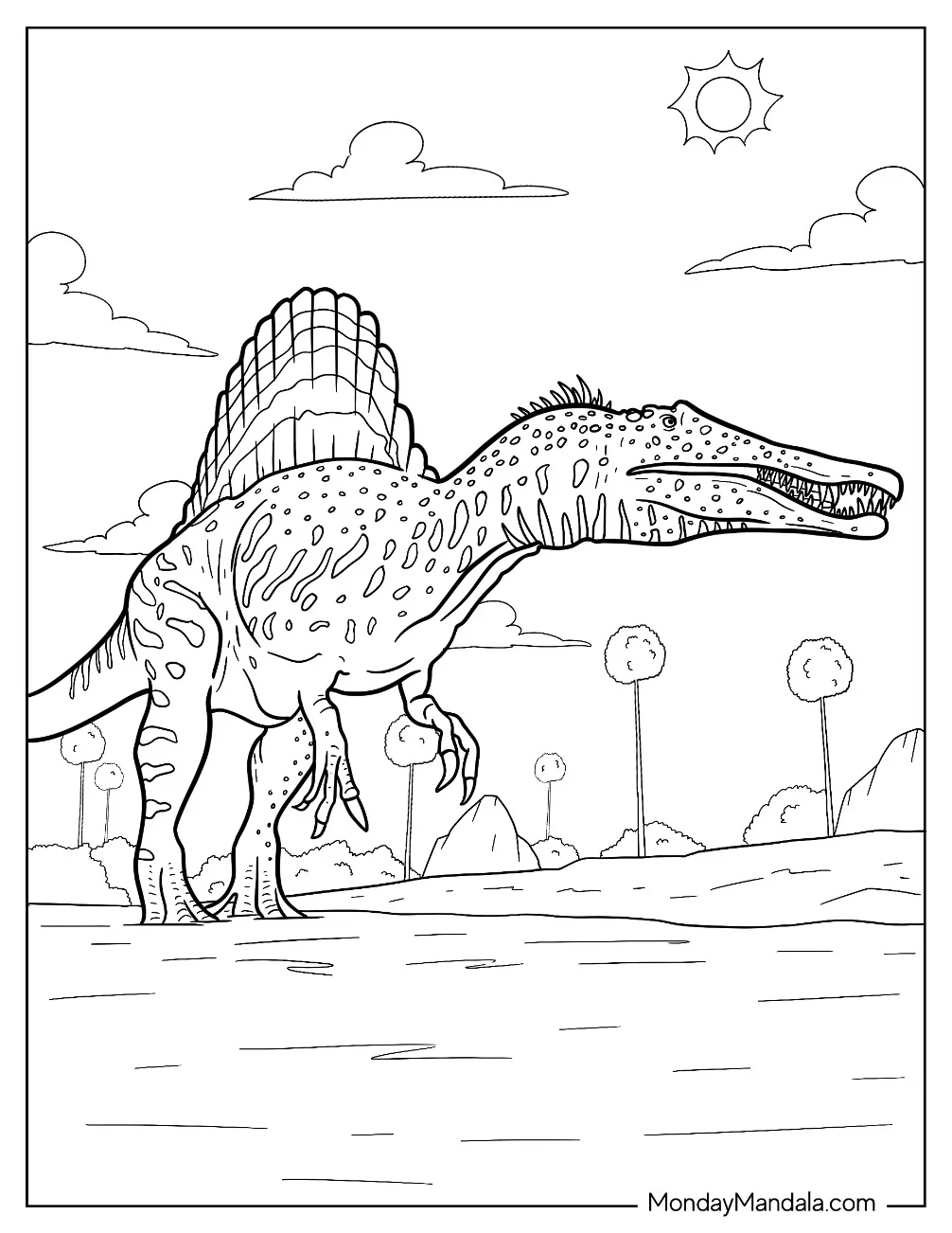Detailed Spinosaurus Coloring Page Standing Under The Sun coloring page
