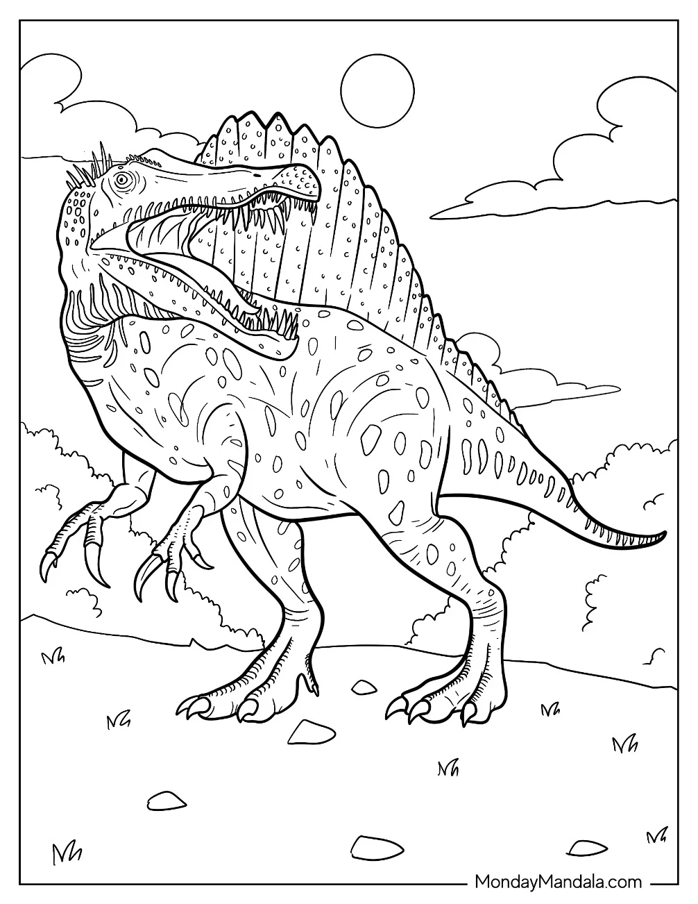 Large Spinosaurus Coloring Page With Detailed Spine And Sharp Teeth coloring page