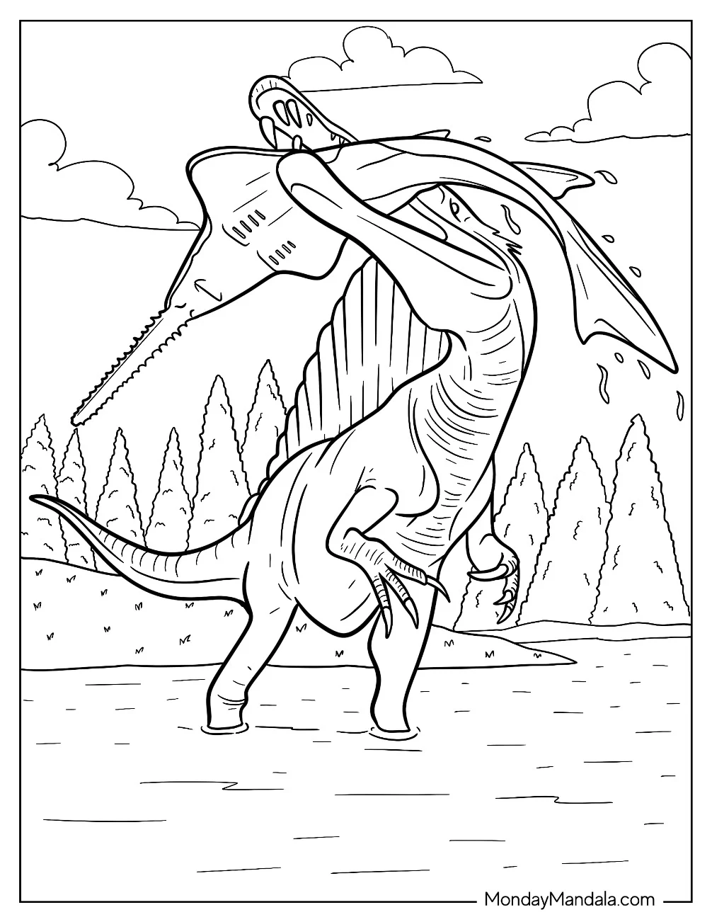 Spinosaurus Coloring Page Biting A River Dolphin coloring page — printable line art