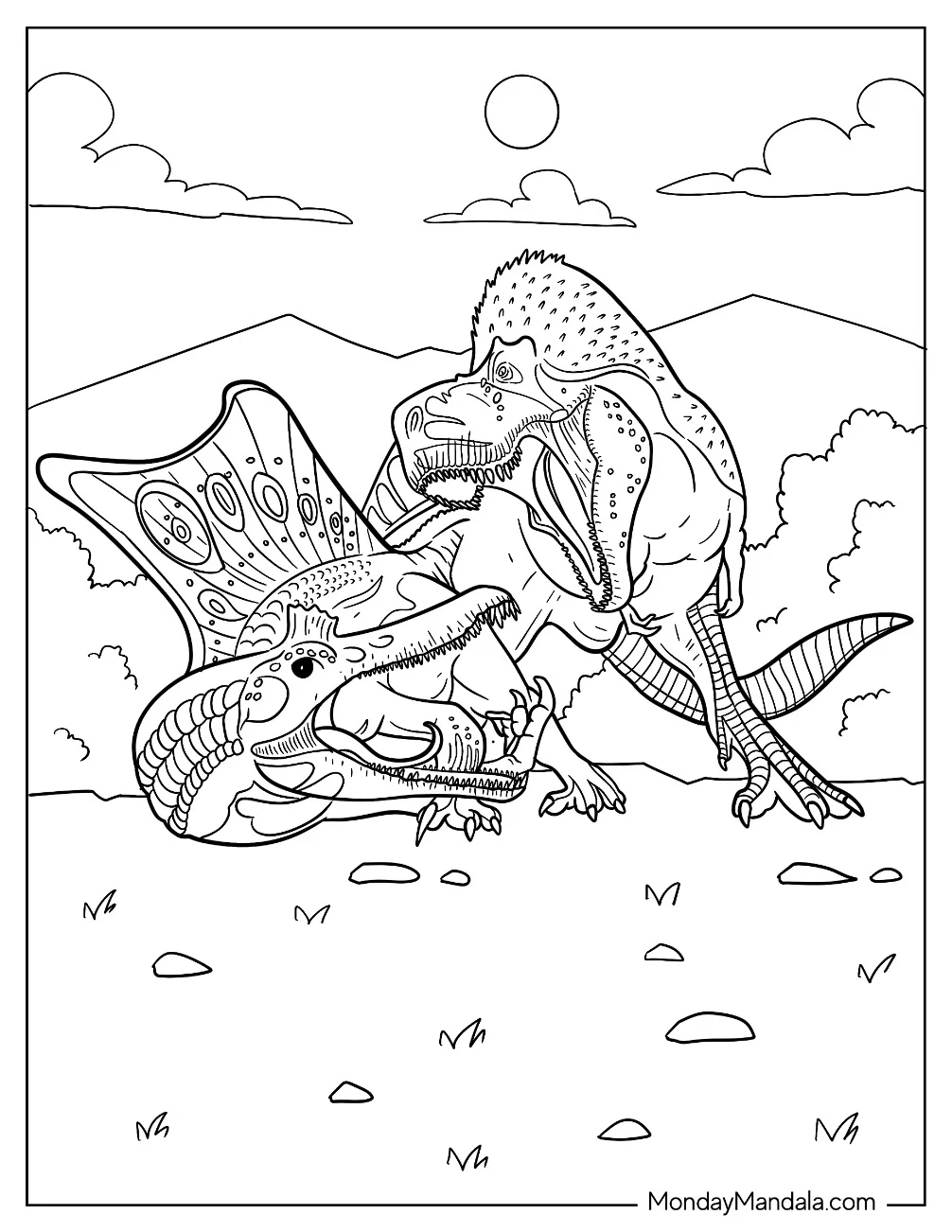 T Rex Fighting A Spinosaurus Coloring Page coloring page