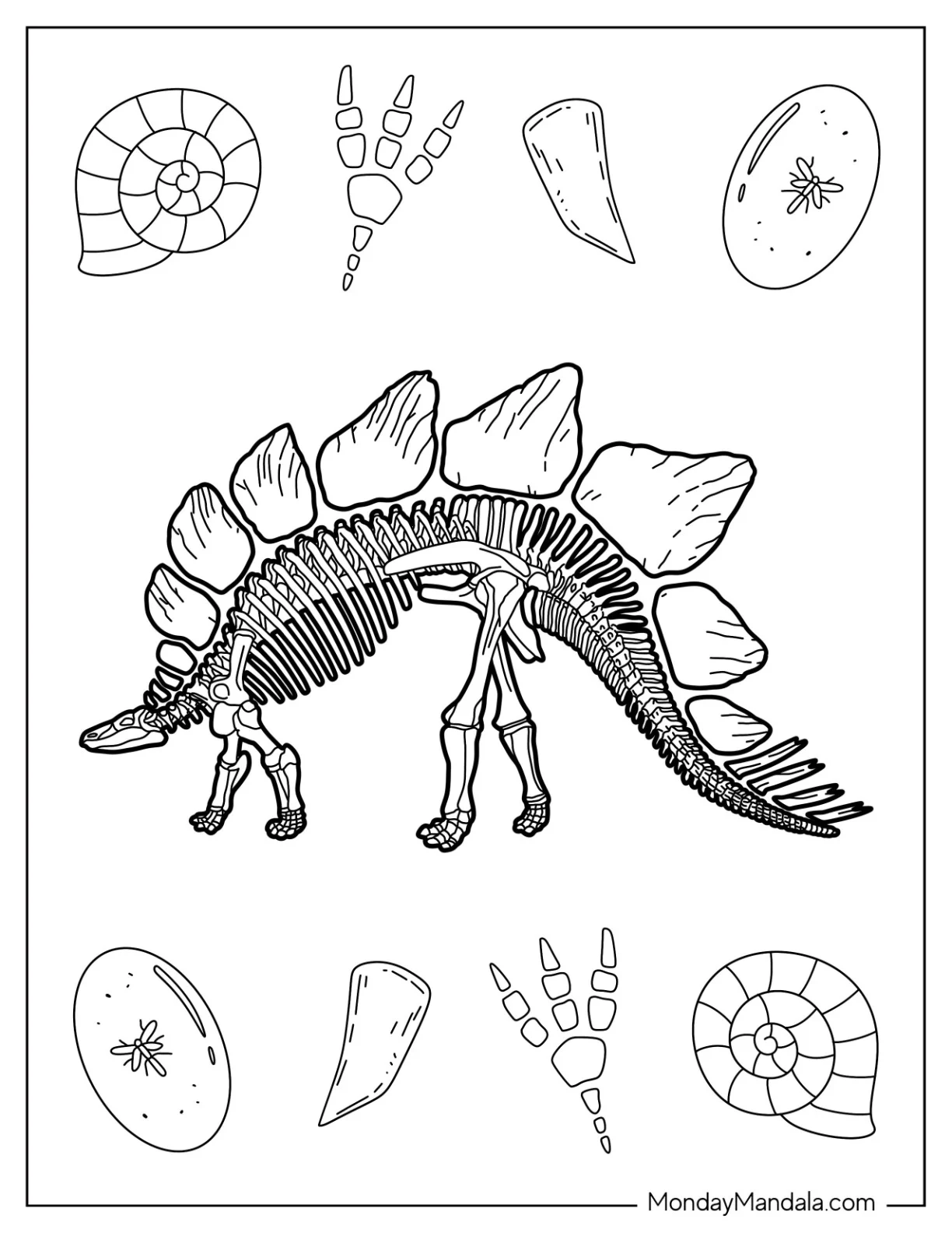 Detailed Stegosaurus Coloring Page Skeleton Side View coloring page — printable line art