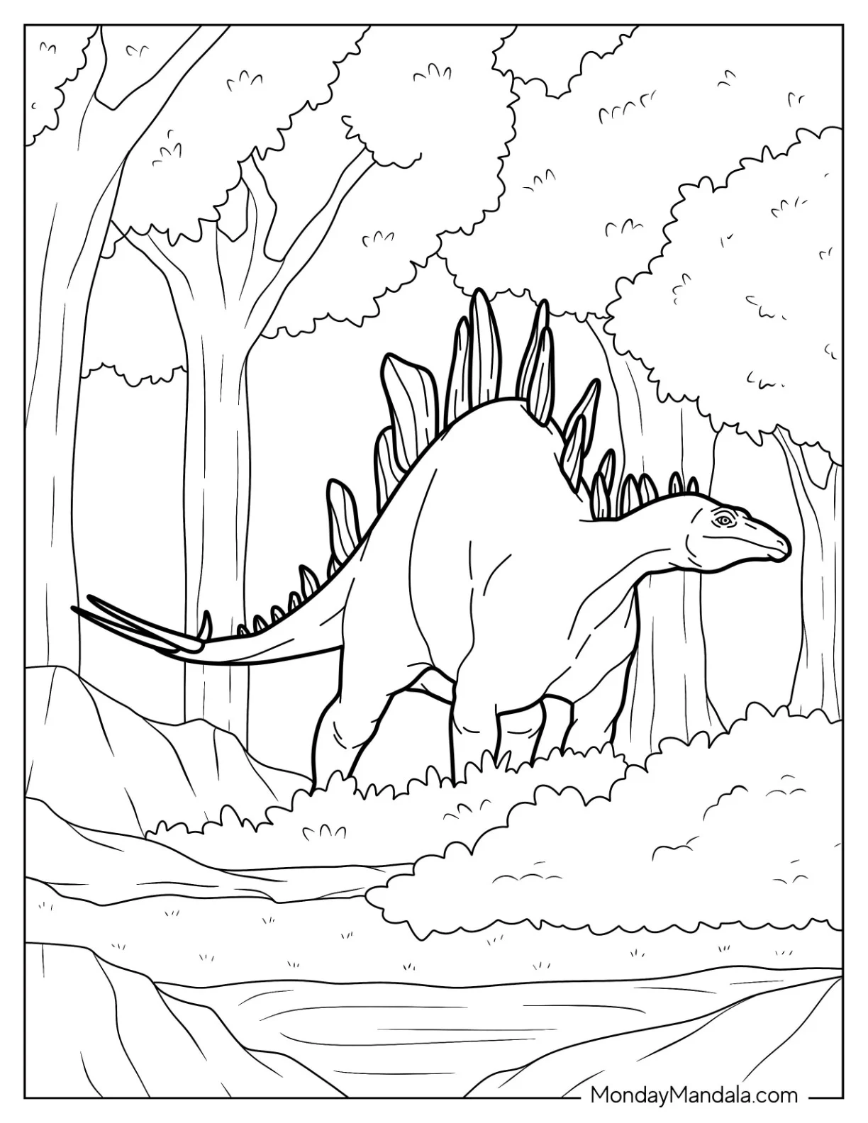 Realistic Stegosaurus Coloring Page In The Forest coloring page