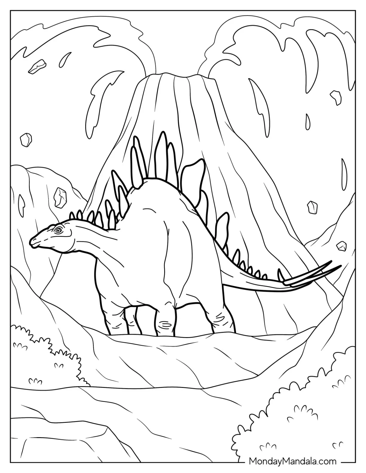 Stegosaurus Coloring Page In Front Of Erupting Volcano coloring page