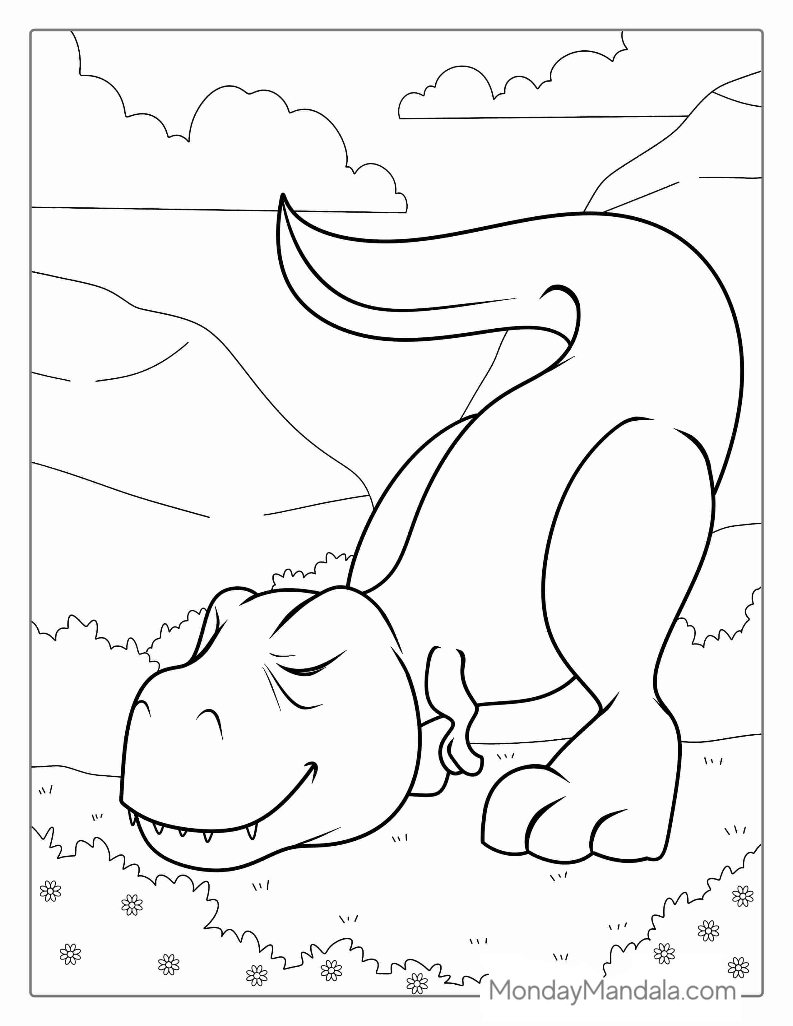Baby T-Rex Smelling Flowers Coloring Sheet coloring page