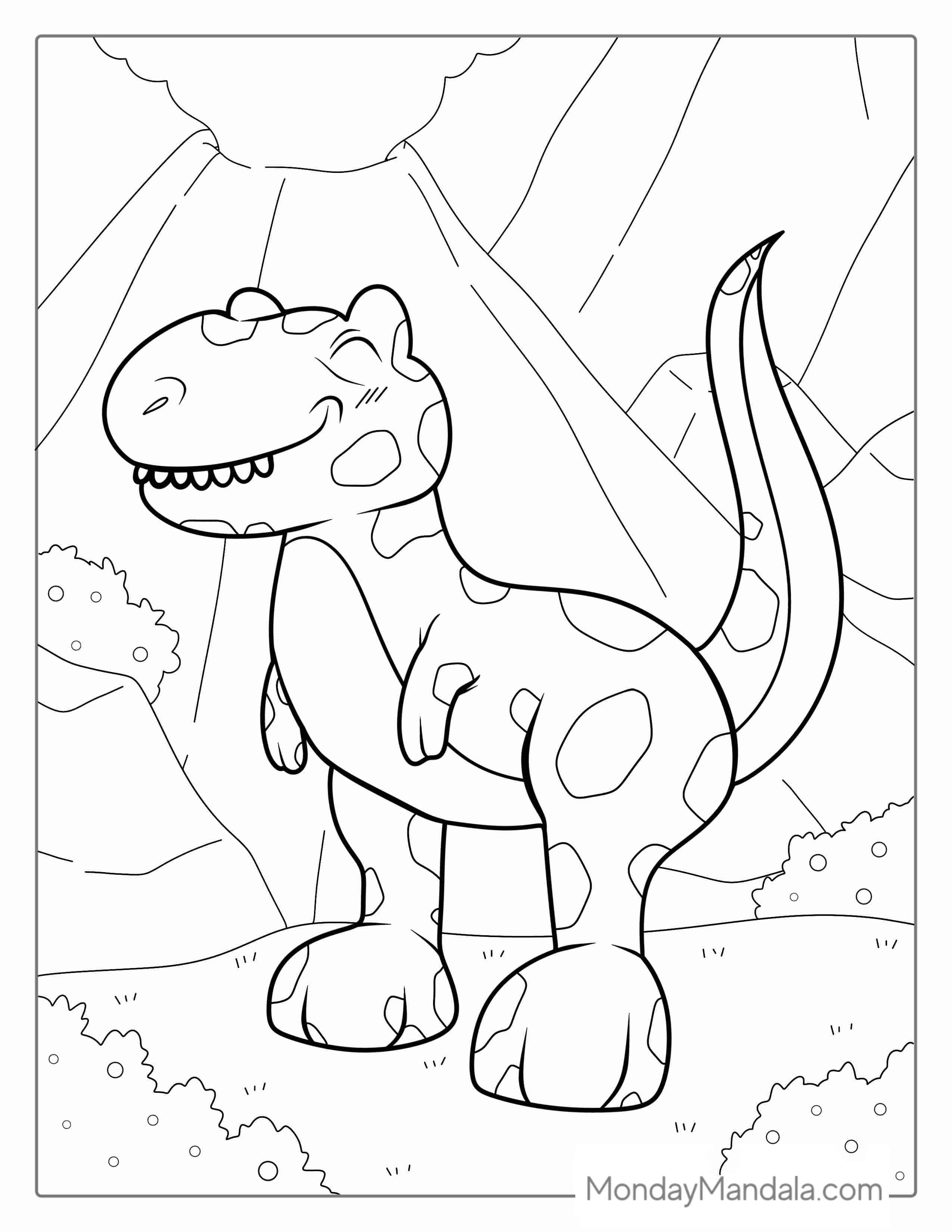 Cartoon T-Rex With Volcano Coloring Page coloring page