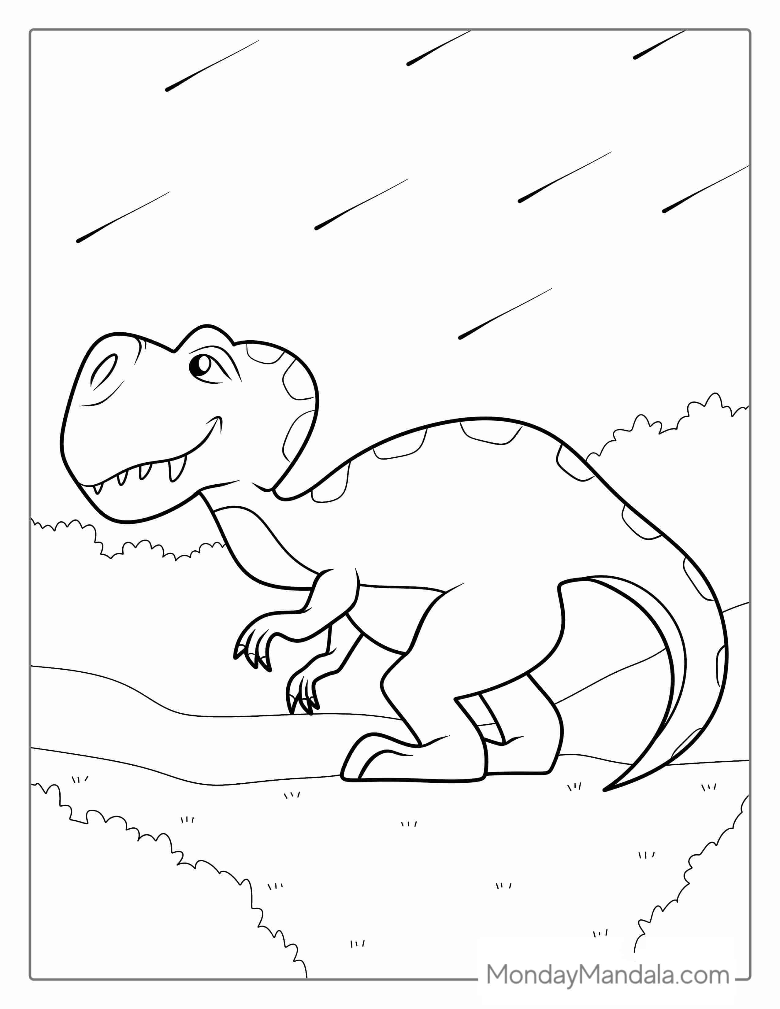 Easy To Color T-Rex Dinosaur With Astroids coloring page