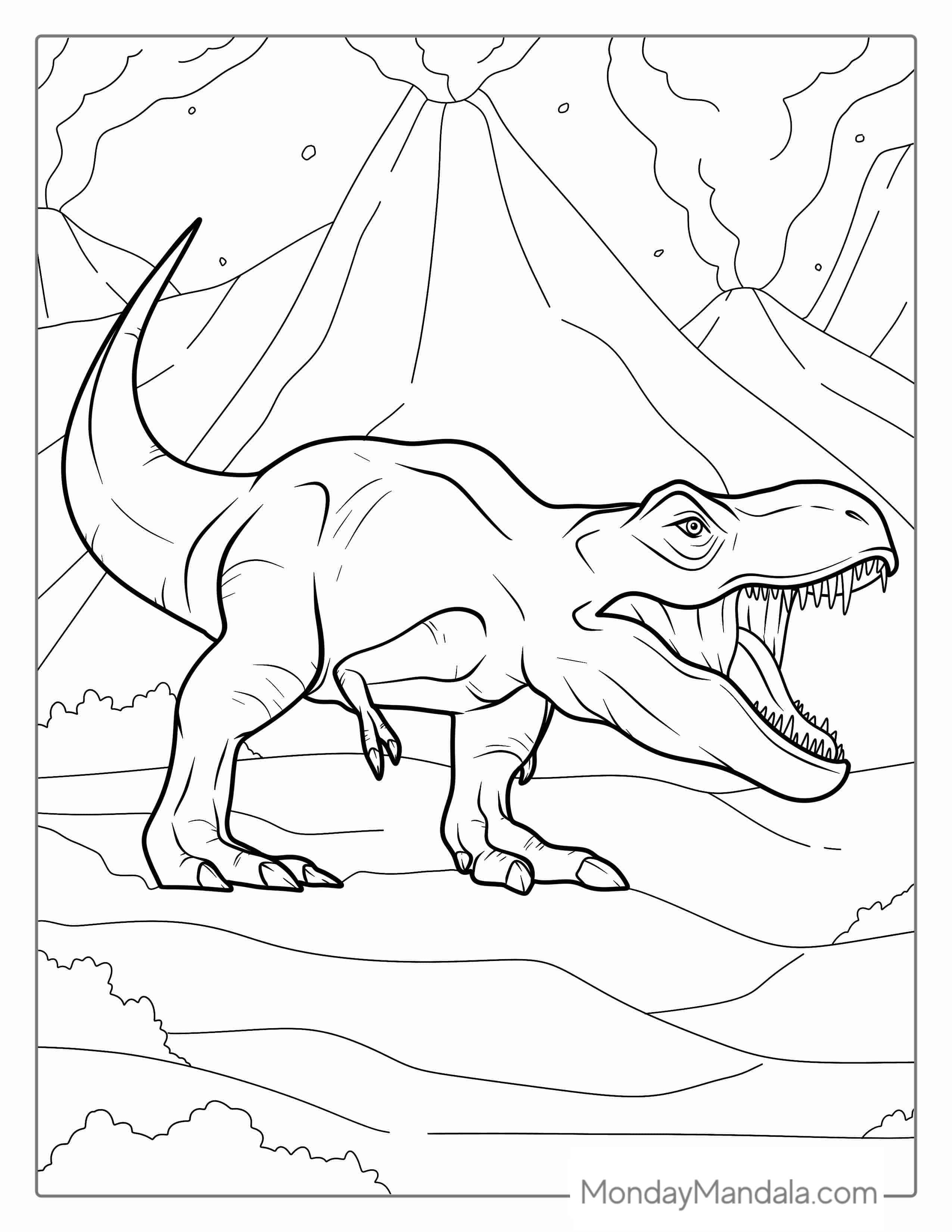Roaring T-Rex With Volcano Erupting To Color coloring page