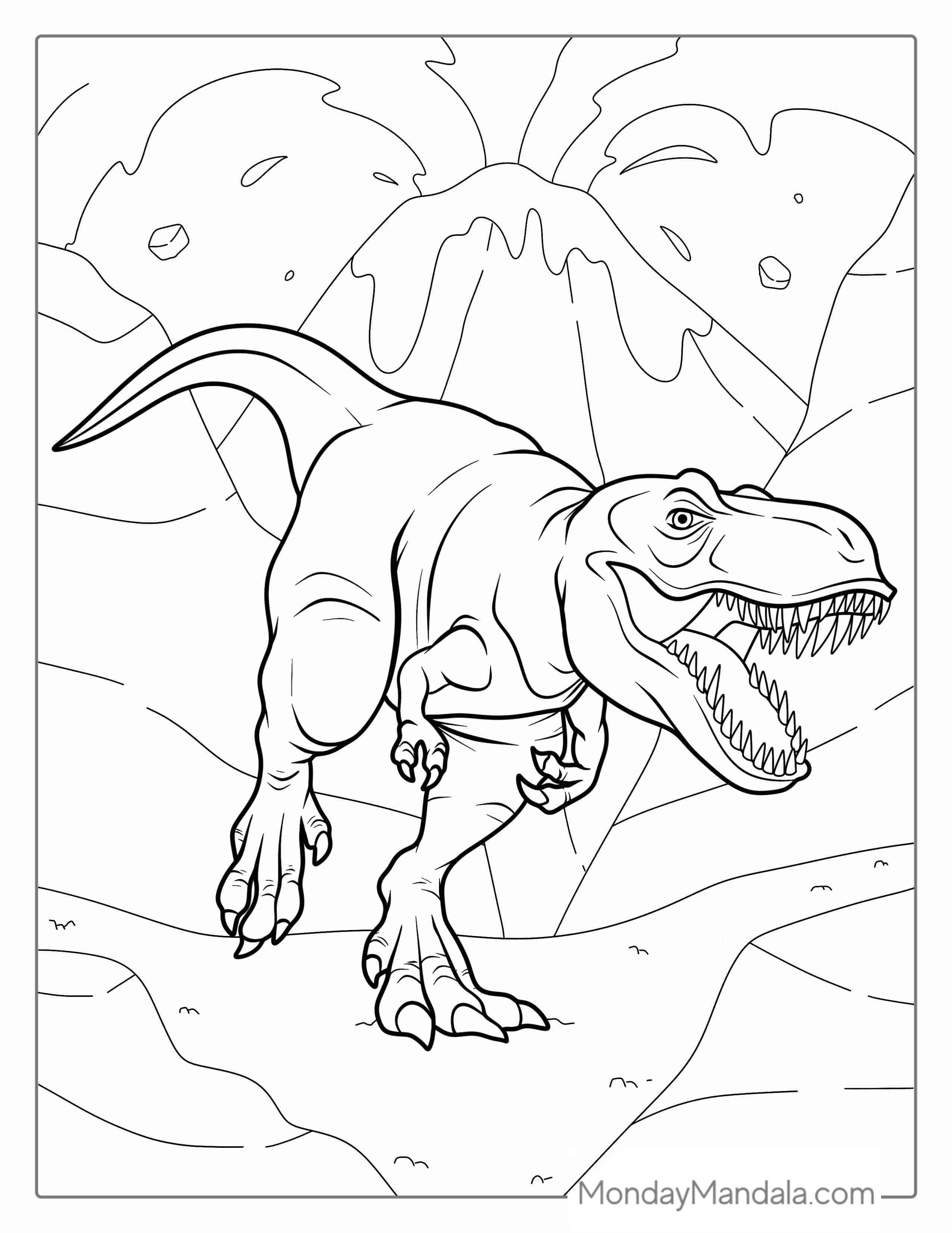 T-Rex Dinosaur Running From Volcano coloring page