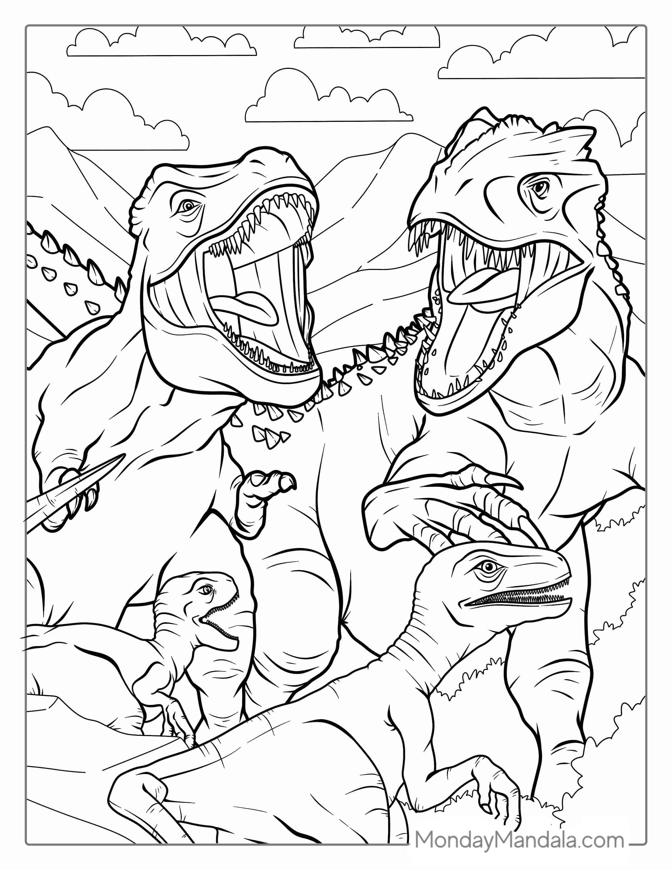 T-Rex Dinosaurs Fighting Velociraptors To Color coloring page