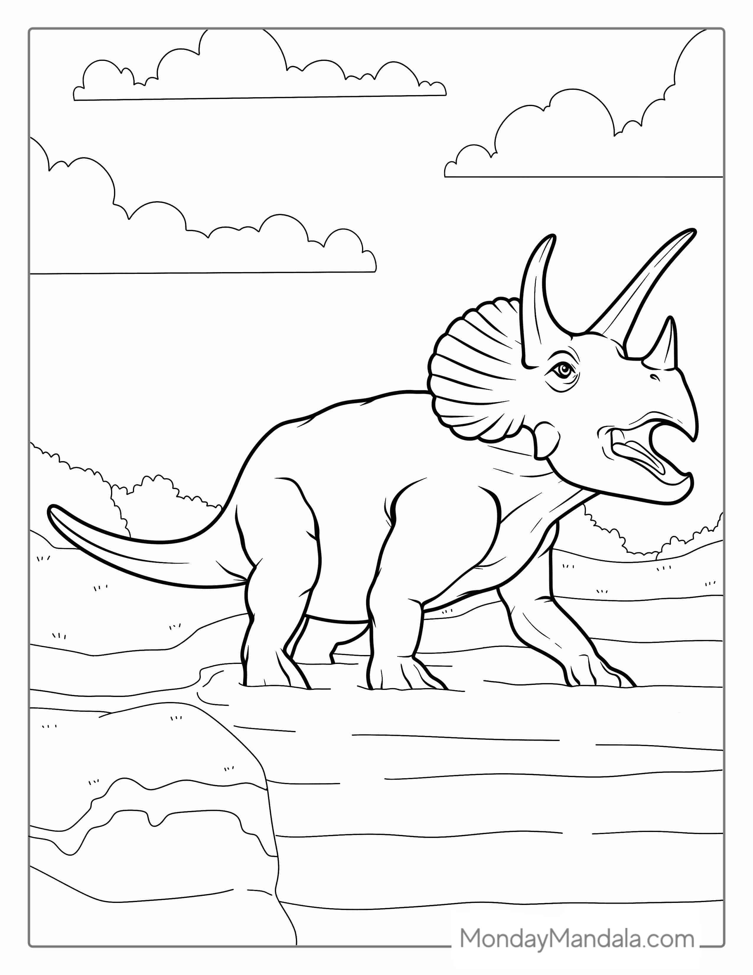 Adult Triceratops Walking Into Water Coloring Sheet coloring page