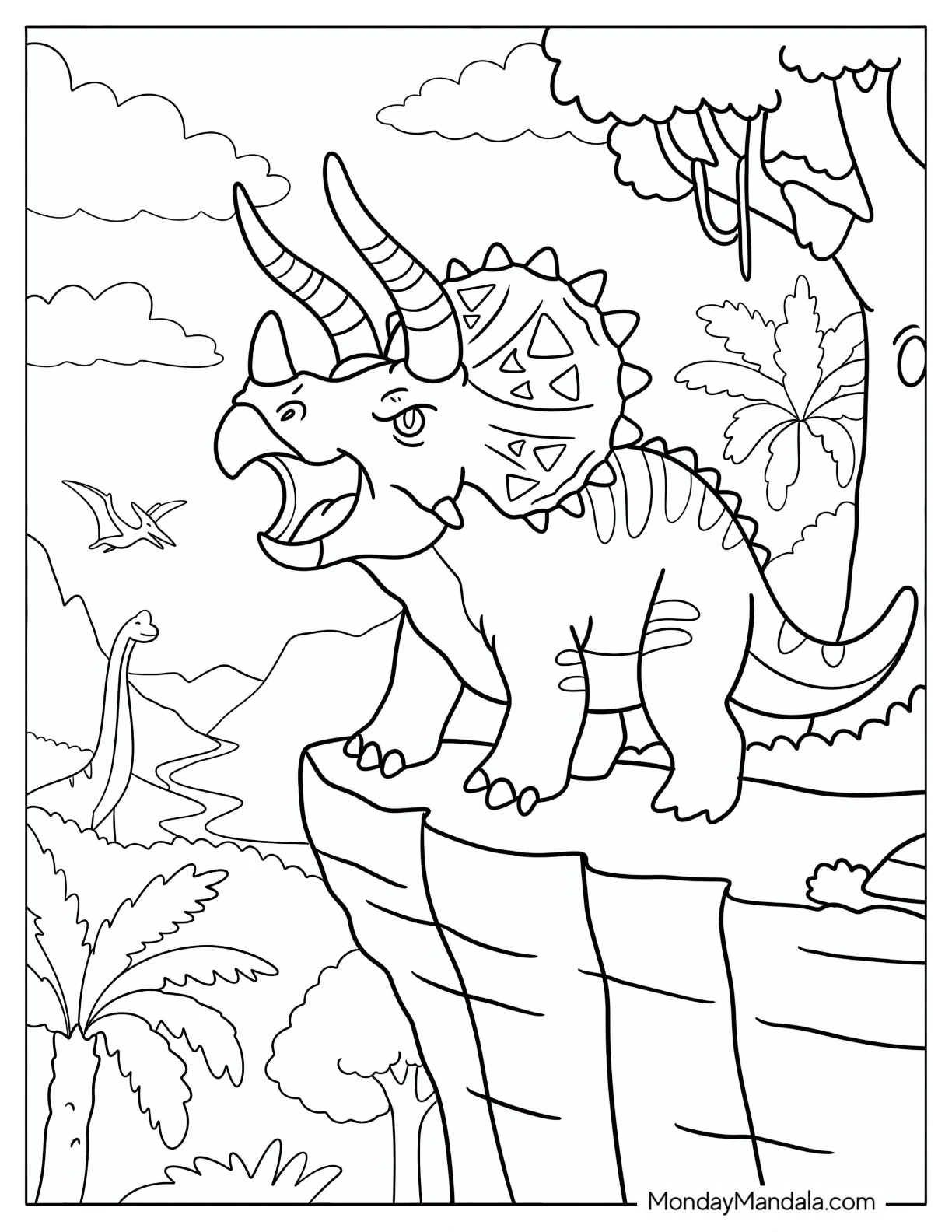 Armored Triceratops Roaring from a Rocky Cliff Coloring Page coloring page