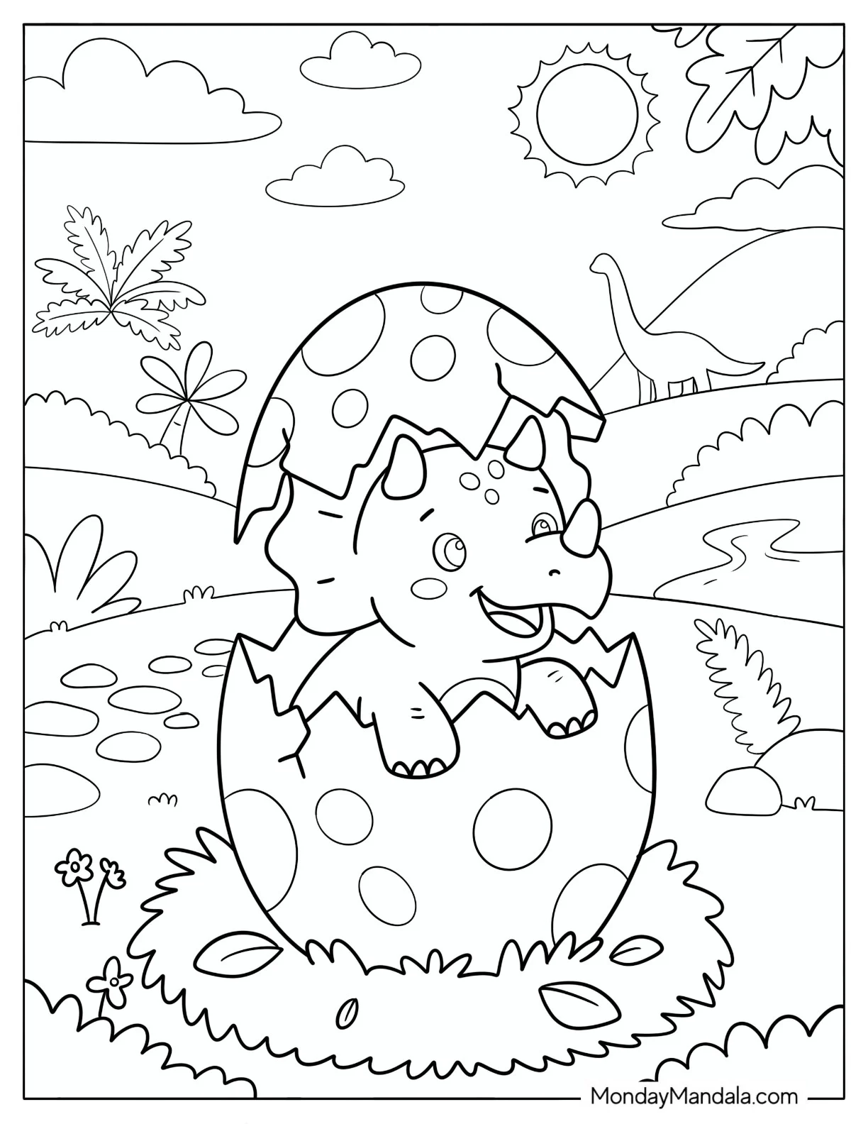 Baby Triceratops Hatching from an Egg Coloring Page for Kids coloring page