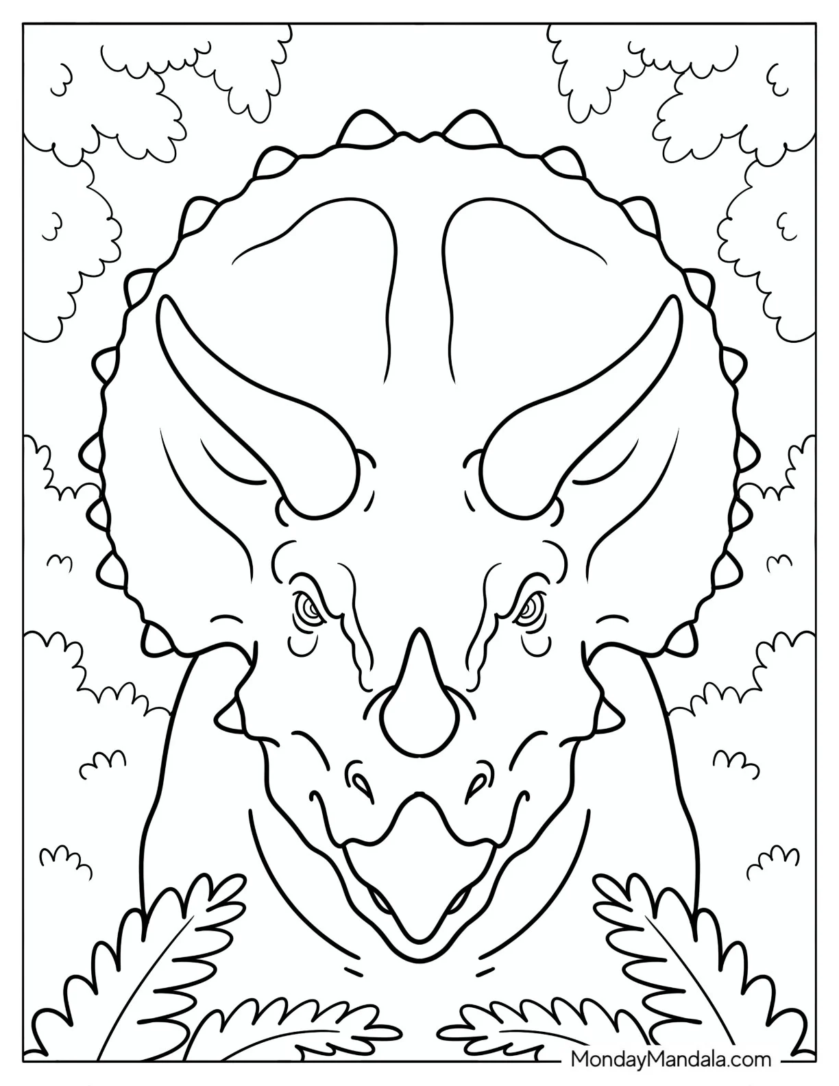 Detailed Triceratops Face Emerging from Ferns coloring page