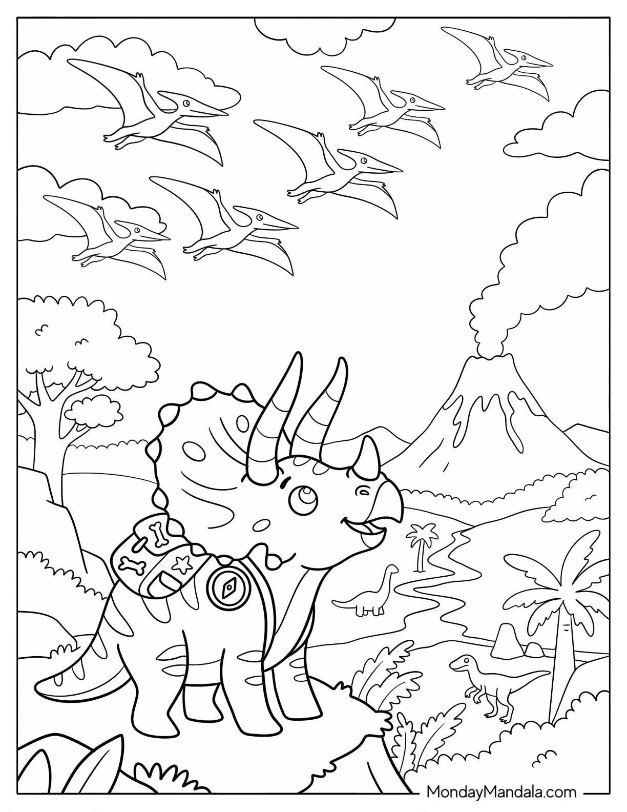 Explorer Triceratops Watching Pterodactyls Near a Volcano Coloring Sheet coloring page