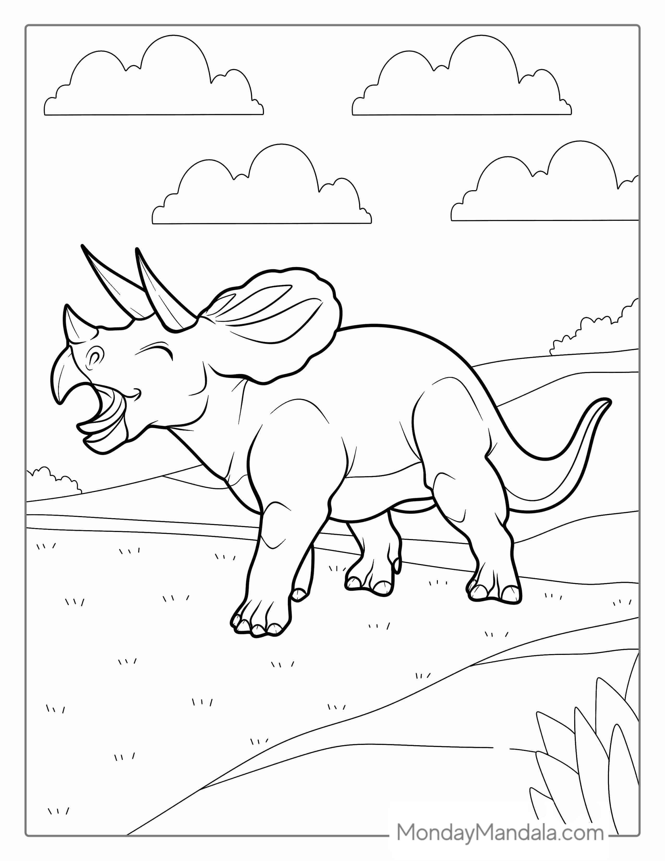 Happy Triceratops Walking In Field To Color coloring page