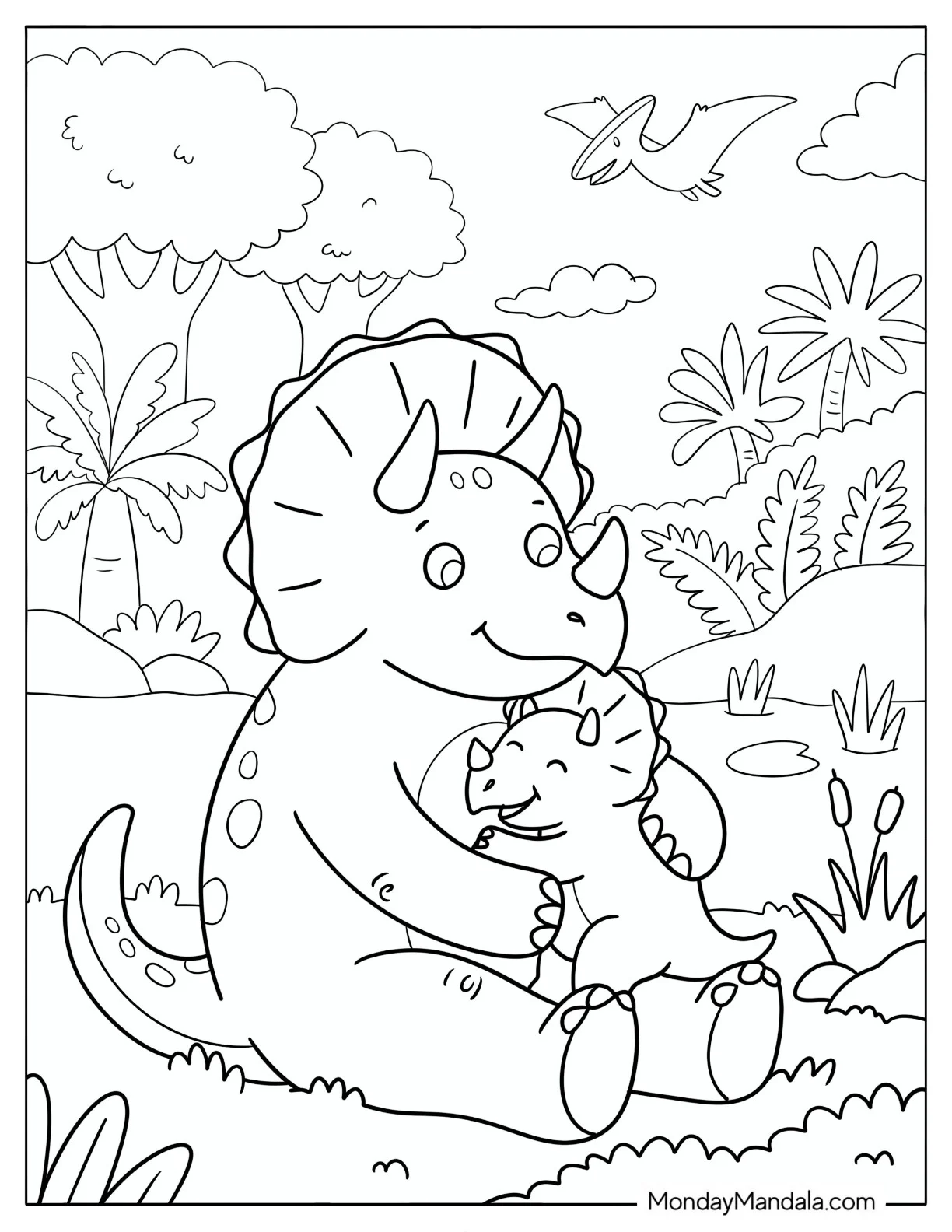 Mother Triceratops Cuddling Her Baby by a Pond Coloring Page coloring page