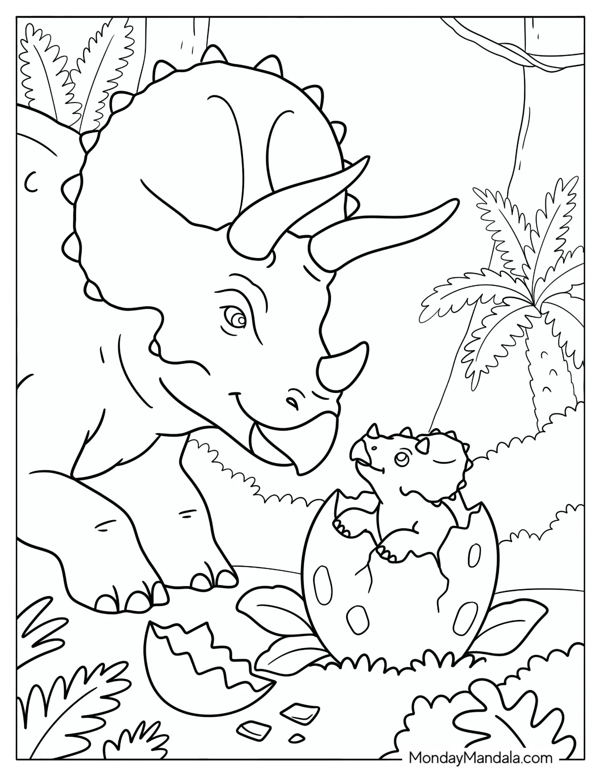 Mother Triceratops Welcoming a Hatching Baby Coloring Page for Kids coloring page