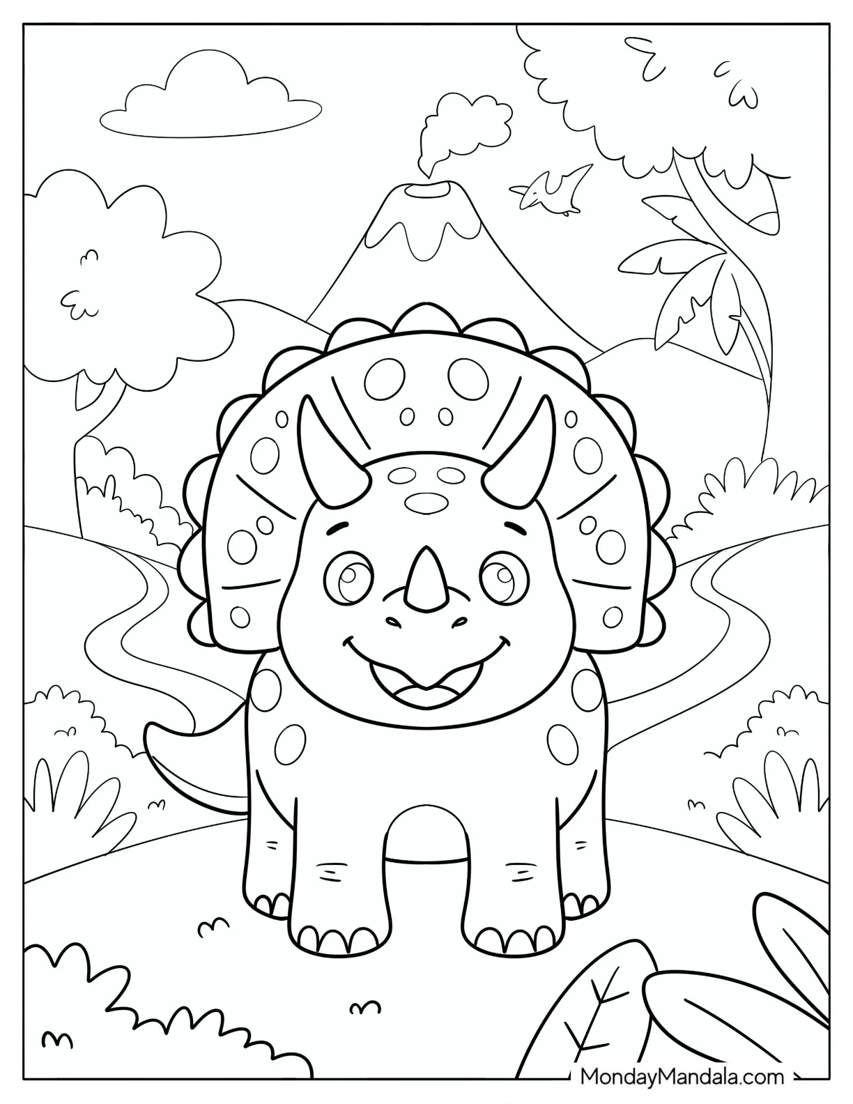 Smiling Triceratops Standing Near a Volcano Coloring Page coloring page