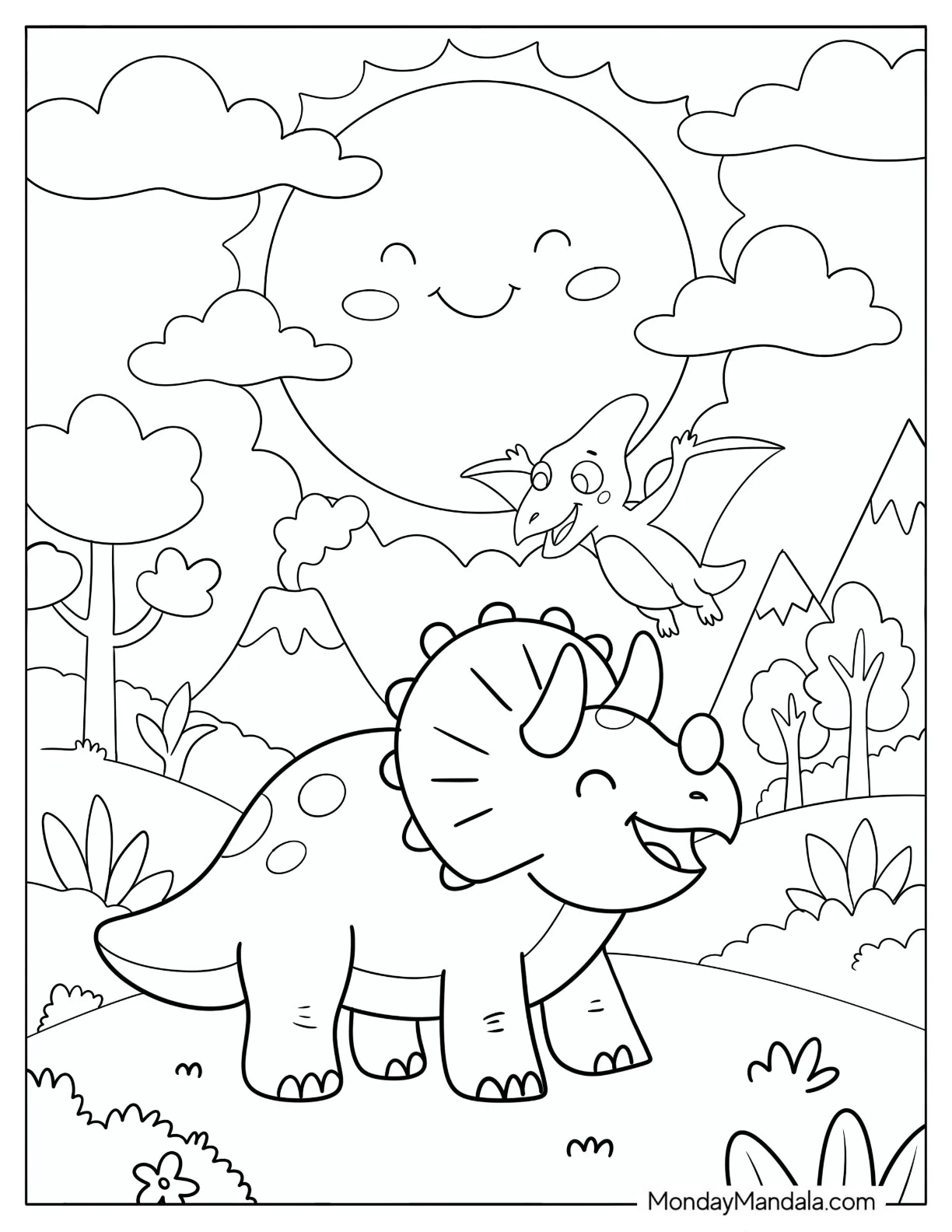 Smiling Triceratops Watching a Pterodactyl Fly coloring page