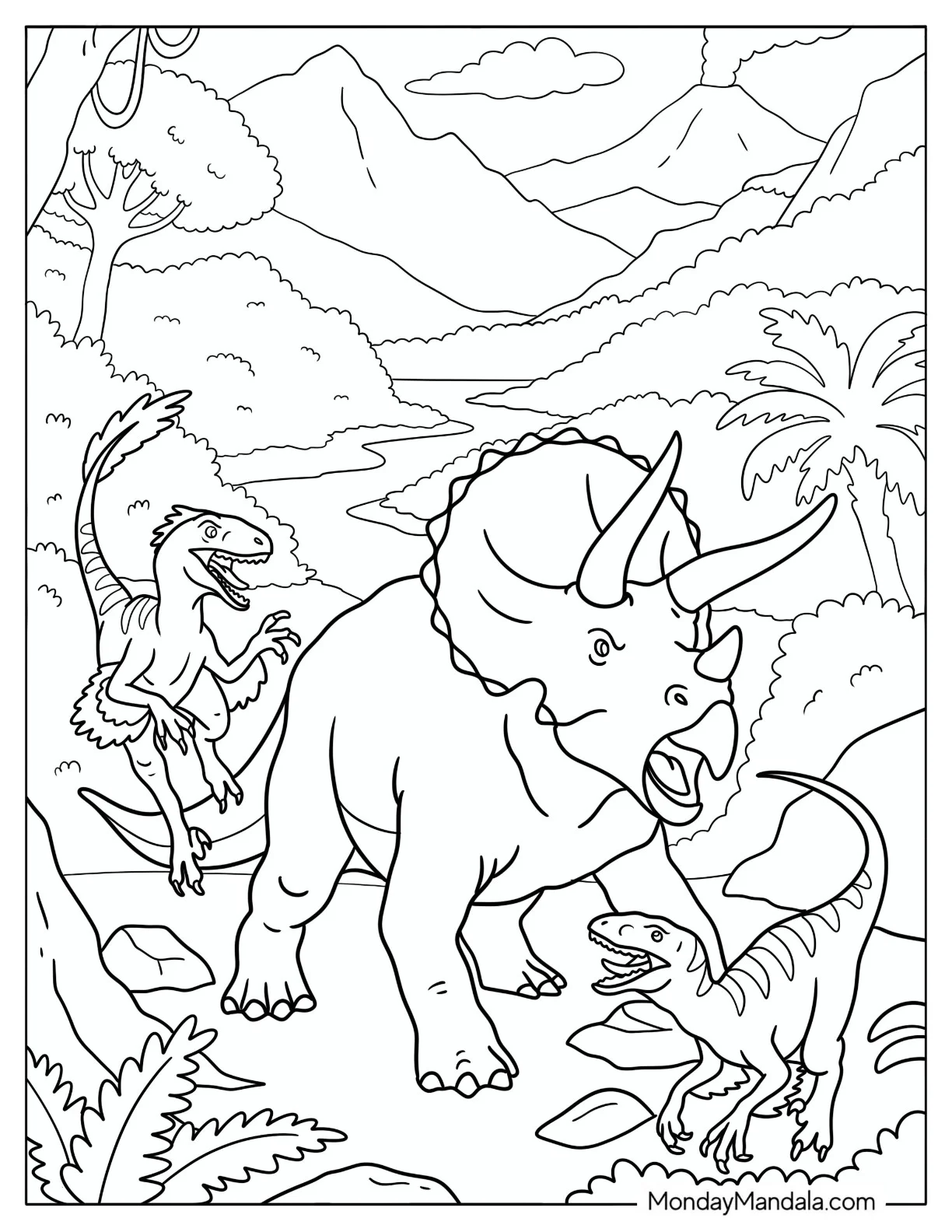 Triceratops Confronting Two Velociraptors in a Prehistoric Valley coloring page