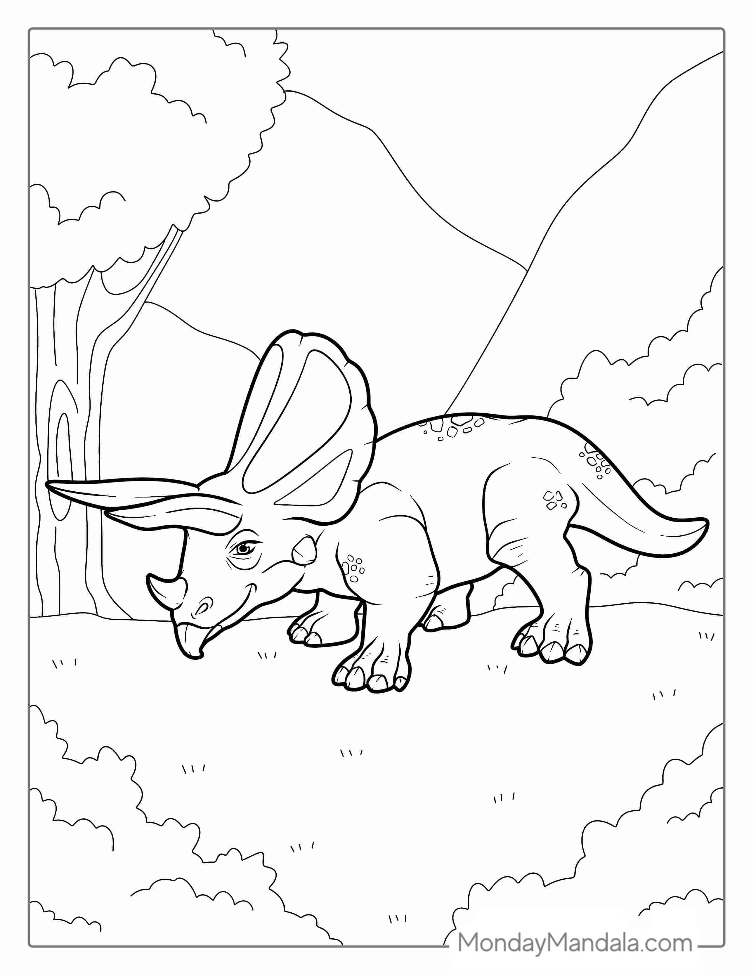 Triceratops Dinosaur Walking In Jungle To Color coloring page