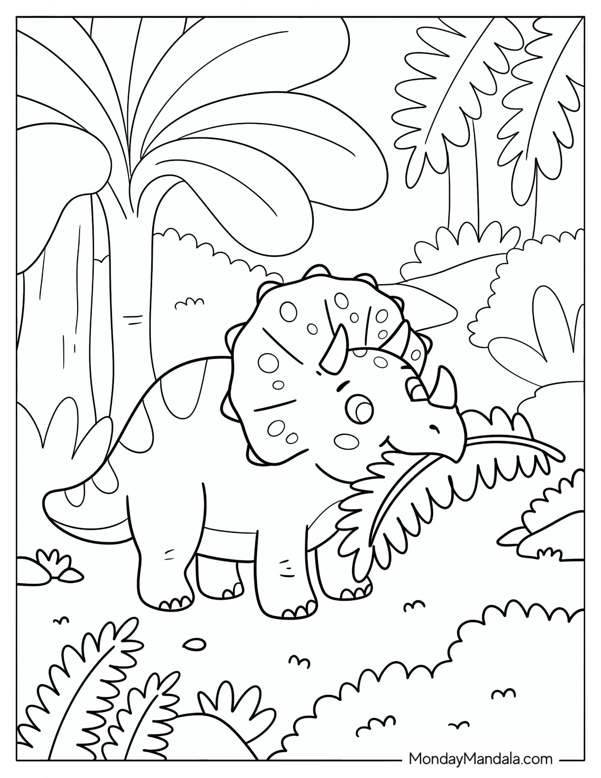 Triceratops Eating Ferns in a Jungle Coloring Page for Kids coloring page