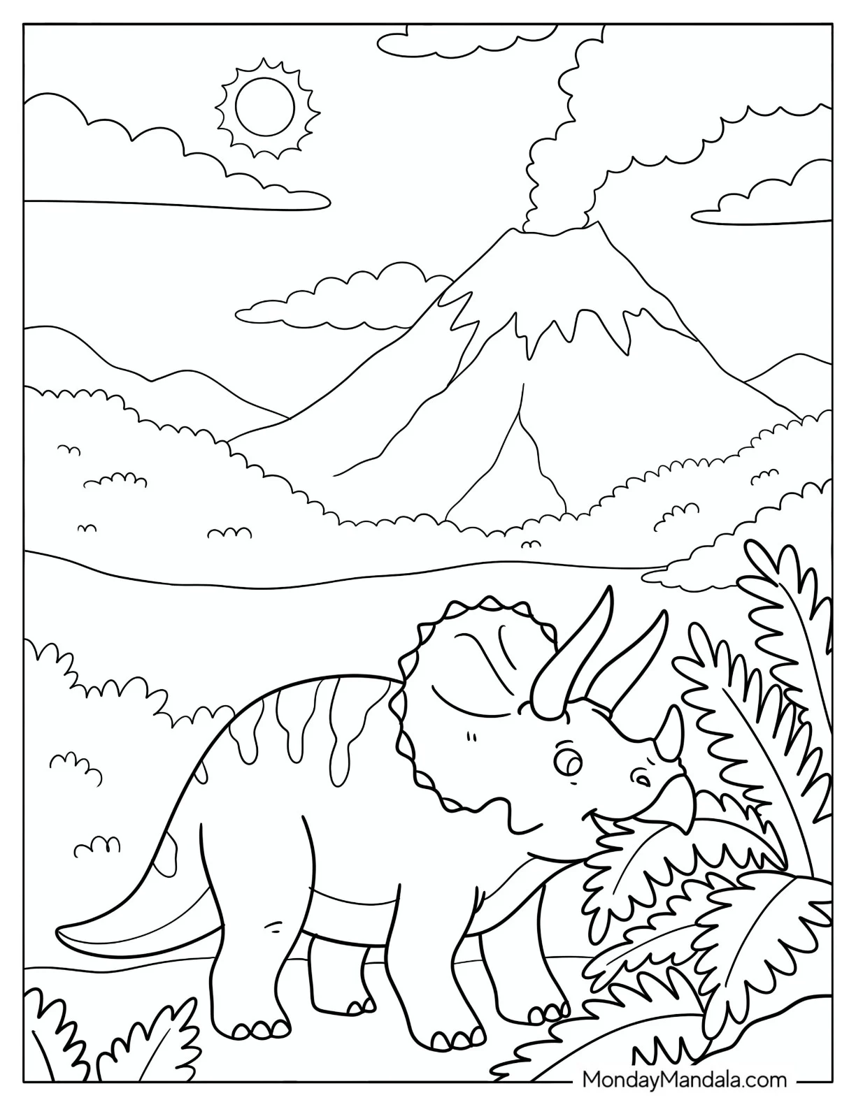 Triceratops Eating Ferns Near an Erupting Volcano coloring page