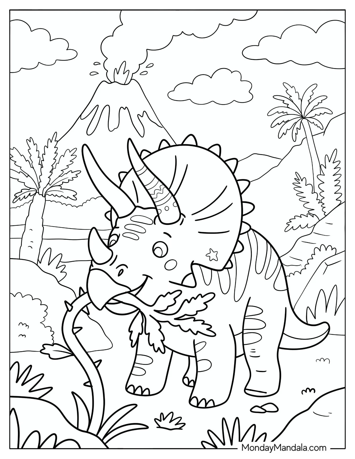 Triceratops Eating Leaves Near an Erupting Volcano Coloring Page coloring page