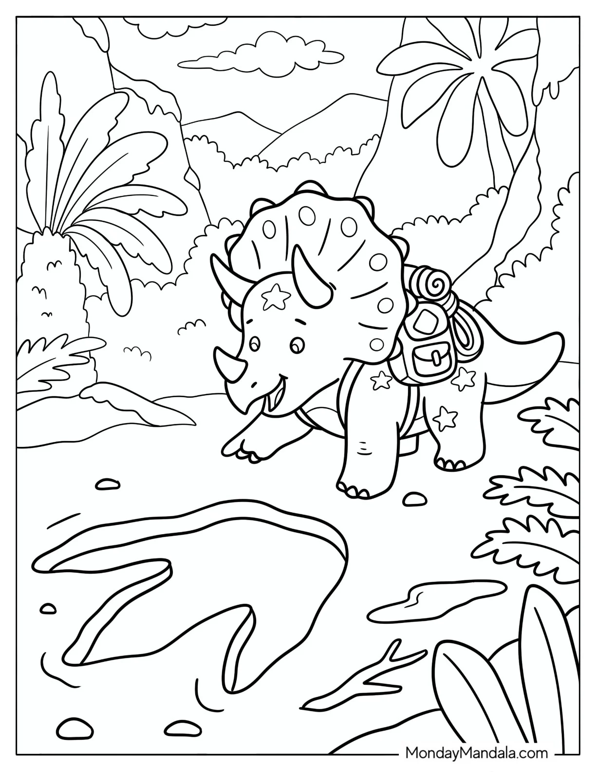 Triceratops Following Footprints Through the Jungle Coloring Page for Kids coloring page