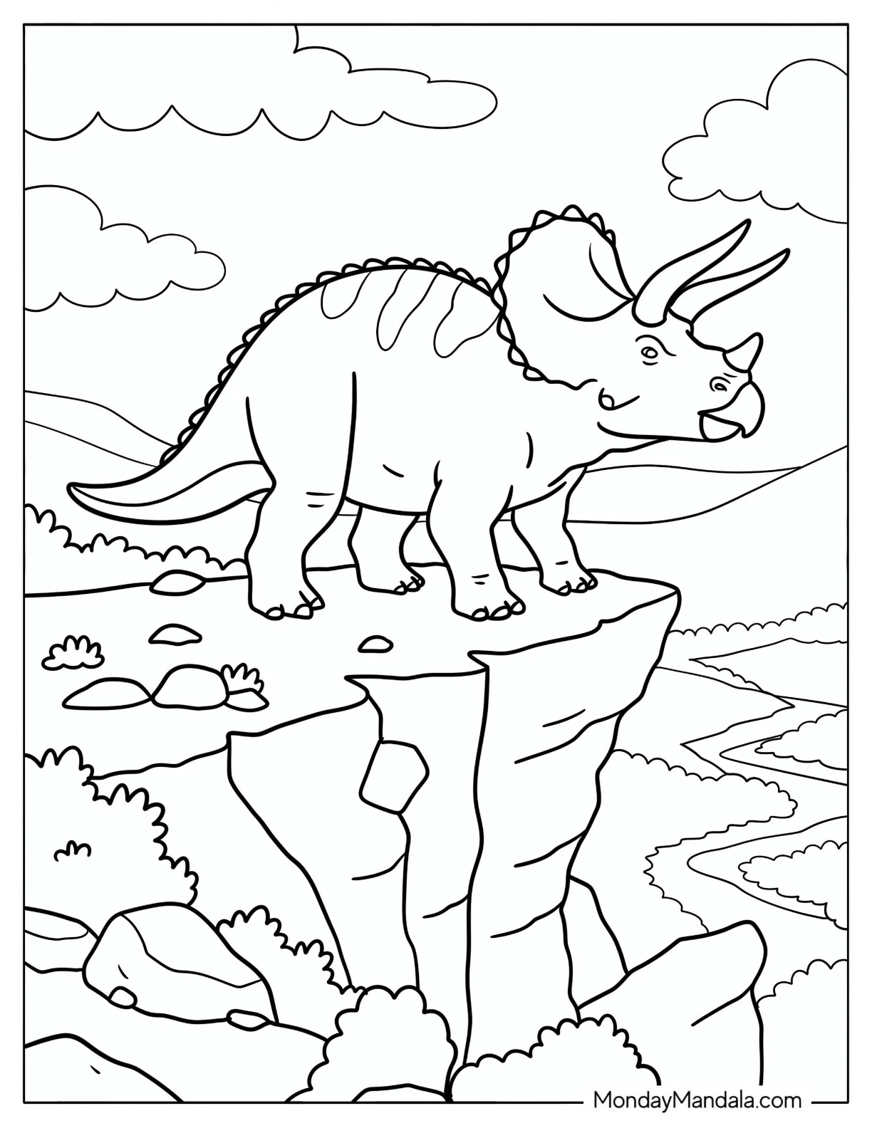 Triceratops Standing on a Rocky Cliff Above a River Valley Coloring Sheet coloring page