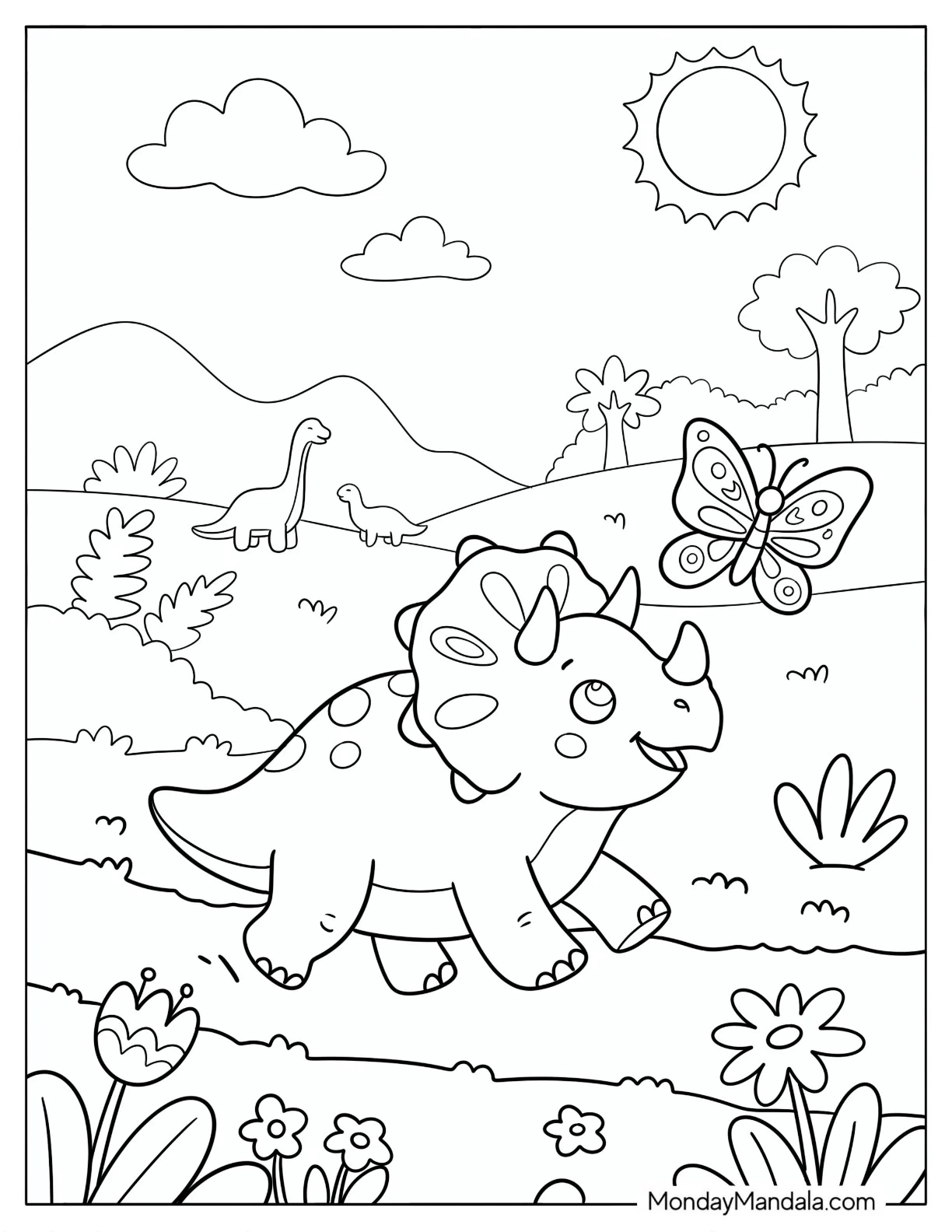 Young Triceratops Chasing a Butterfly Through a Meadow Coloring Page coloring page