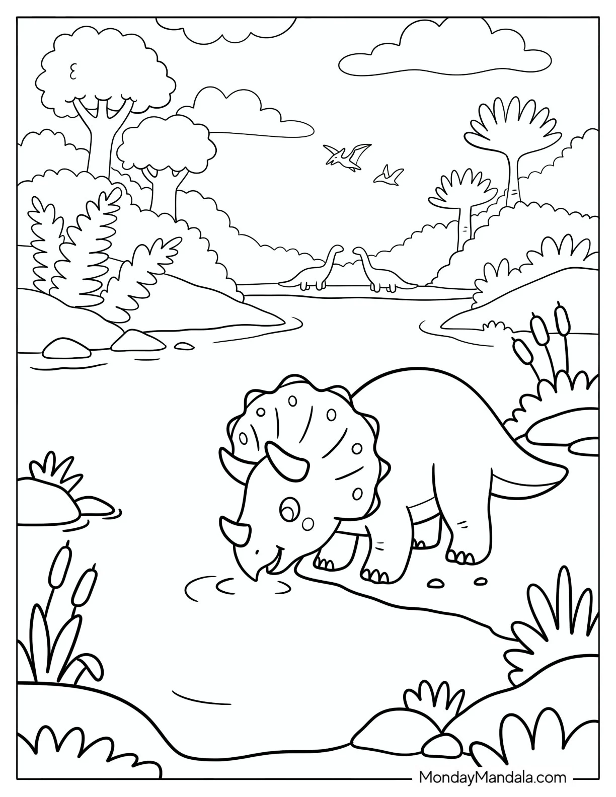 Young Triceratops Drinking from a River Coloring Sheet for Kids coloring page