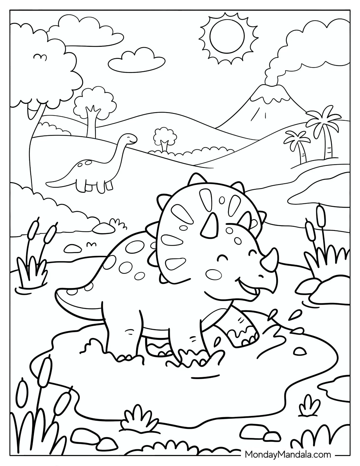 Young Triceratops Standing in a Prehistoric Pond Coloring Sheet coloring page