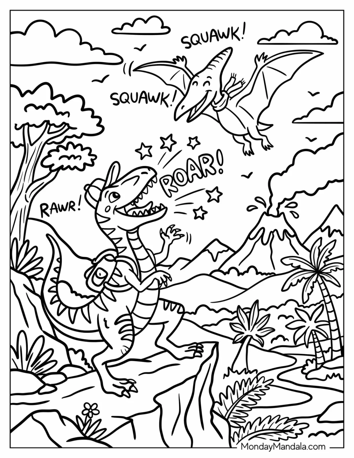 Backpack Velociraptor Roaring at a Pterodactyl Coloring Sheet coloring page