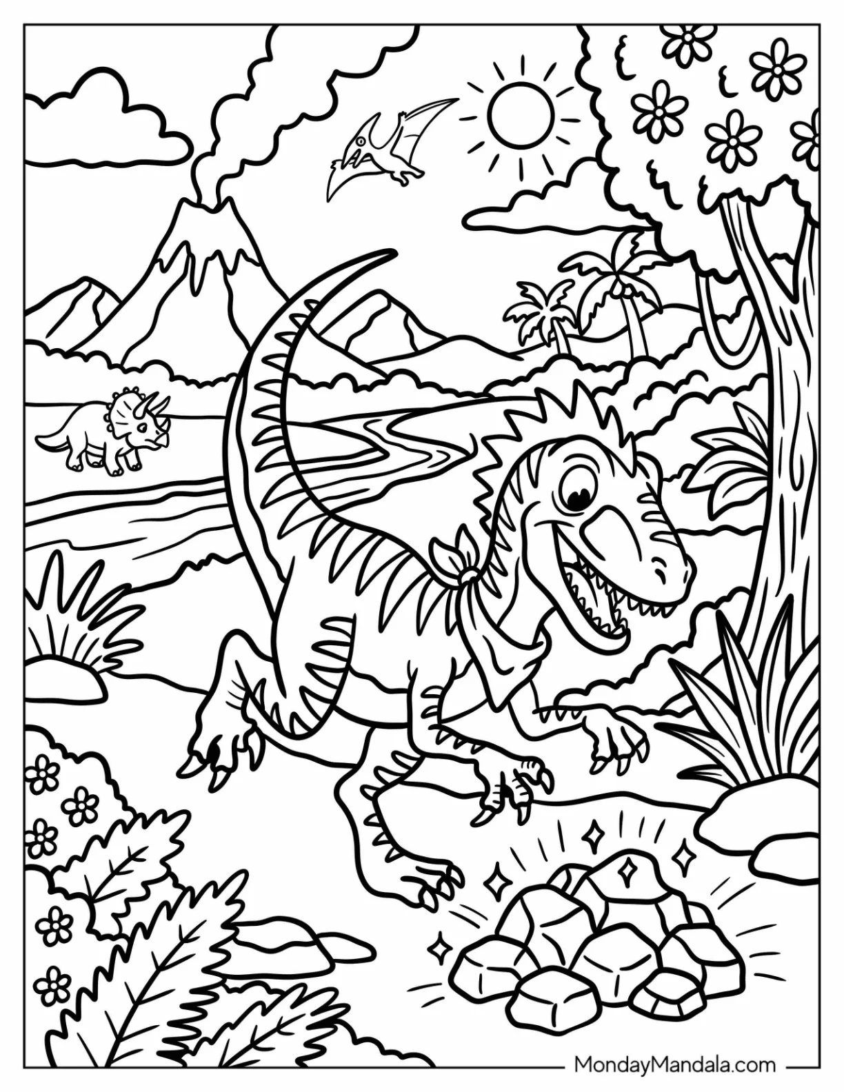 Happy Velociraptor Discovering Dinosaur Eggs Coloring Page coloring page