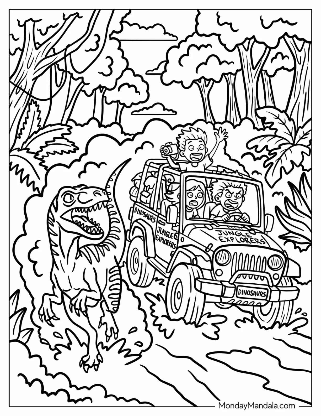 Velociraptor Chasing a Jungle Safari Jeep Coloring Page coloring page