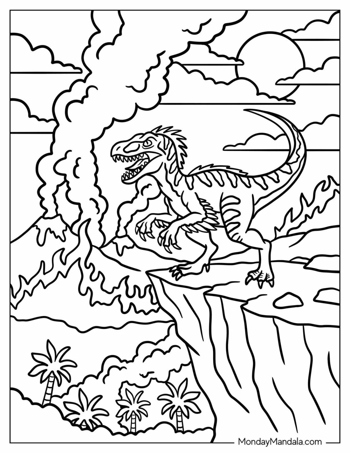 Velociraptor Guarding an Egg on a Volcano Cliff Coloring Sheet coloring page