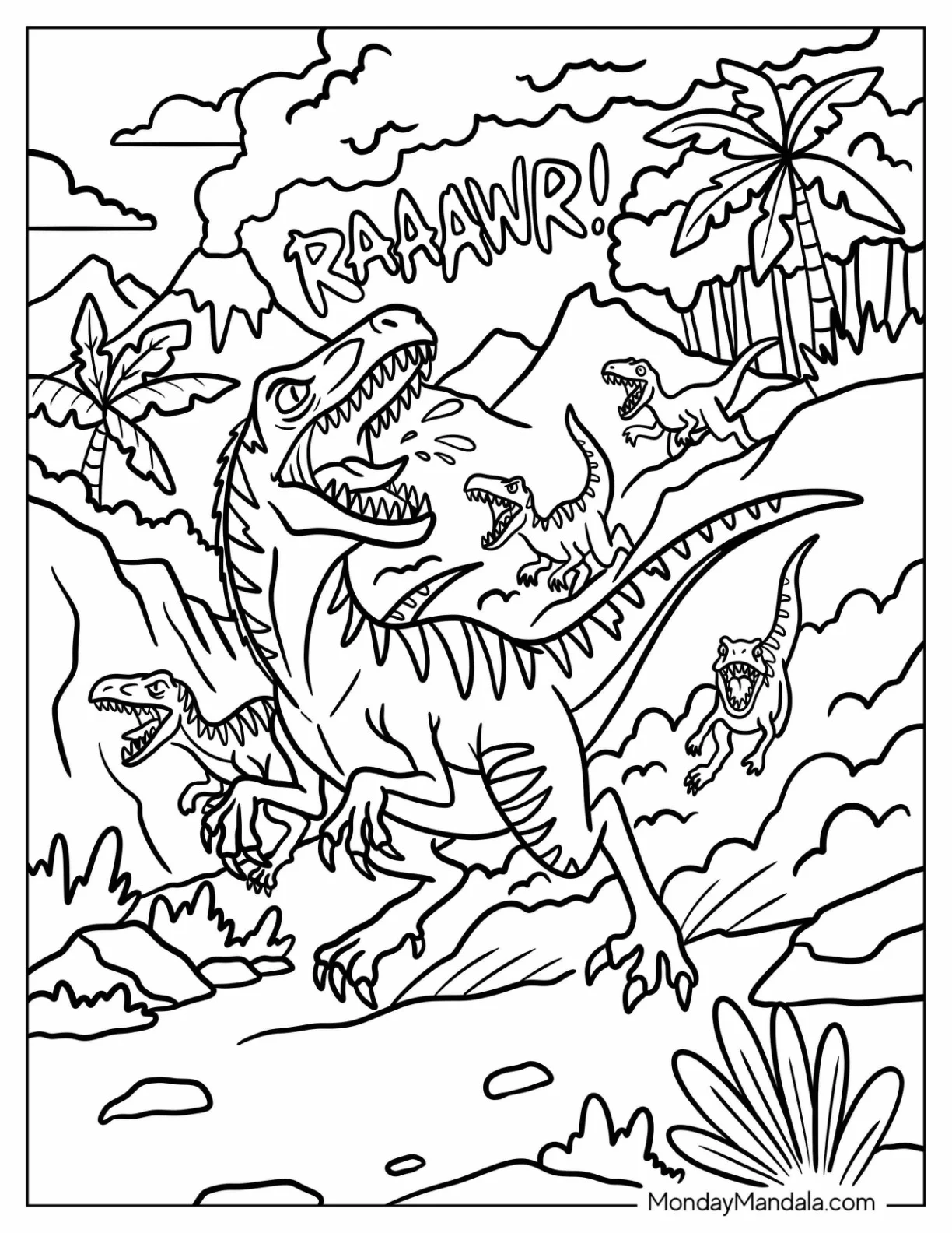 Velociraptor Pack Roaring in the Jungle Coloring Sheet coloring page