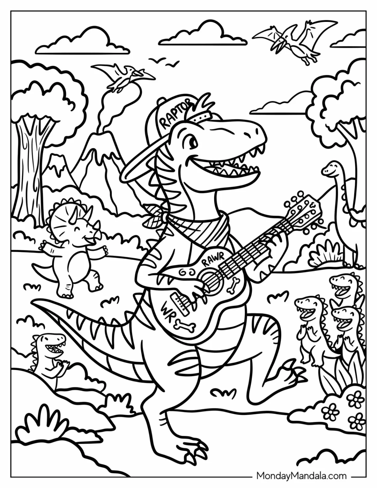 Velociraptor Playing Guitar for Dinosaurs Coloring Page coloring page