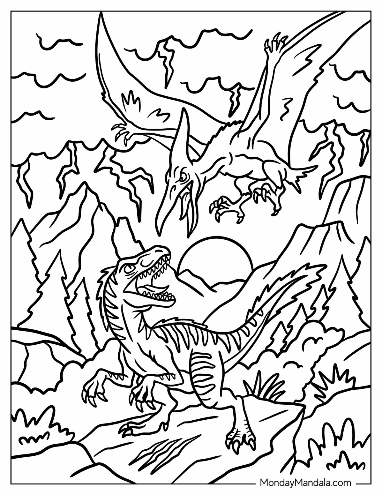 Velociraptor Roaring at a Pterodactyl in the Mountains coloring page